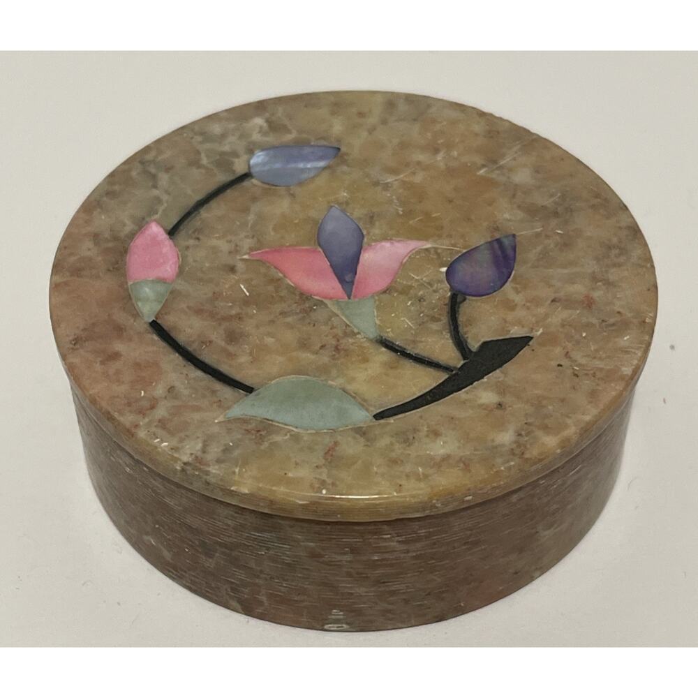 Vintage Soapstone Trinket Box Hand Carved Floral Mother Of Pearl Inlay India